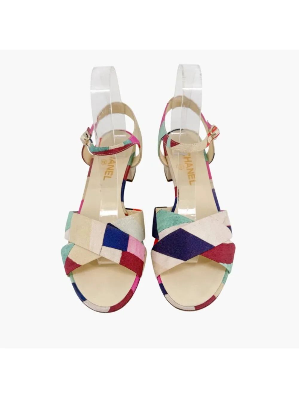 Chanel CC Patchwork Canvas Flower Block Heel Sandals Size 40 US 9-9.5 Multicolor